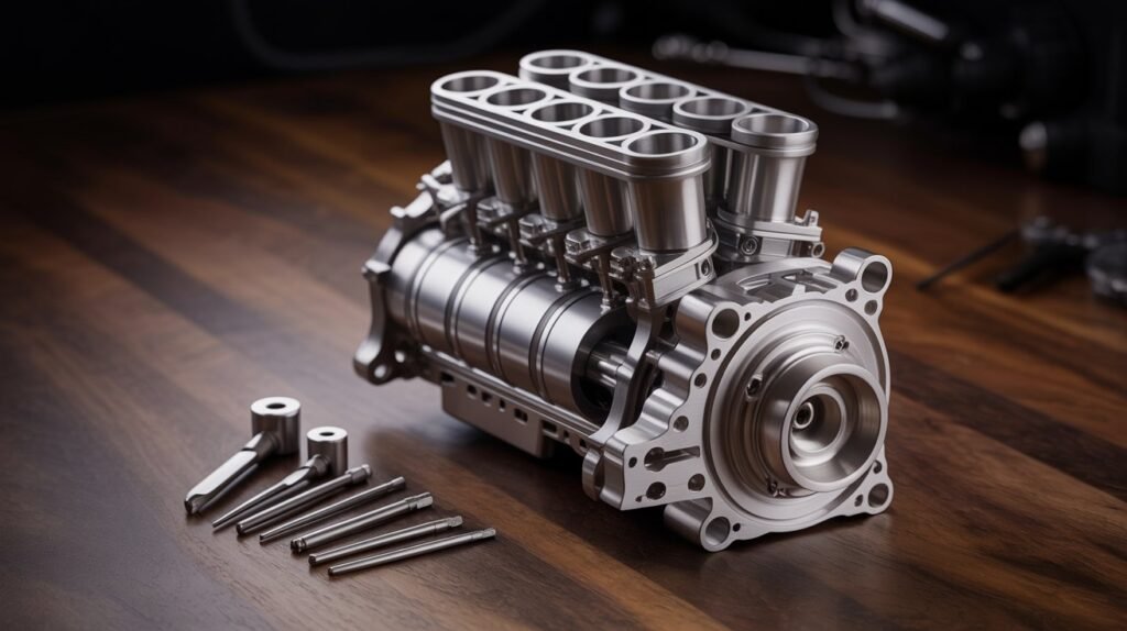 TECHING V8 DM118 1:3 scale metal engine model partly assembled showing pistons crankshaft and precision tools on wooden workbench