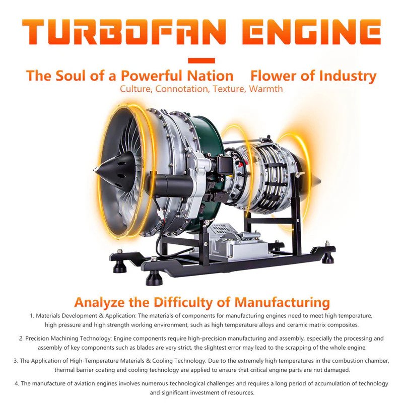 Close-up of turbofan engine model kit showing premium metal build quality, precision machined parts, and durable engineering materials