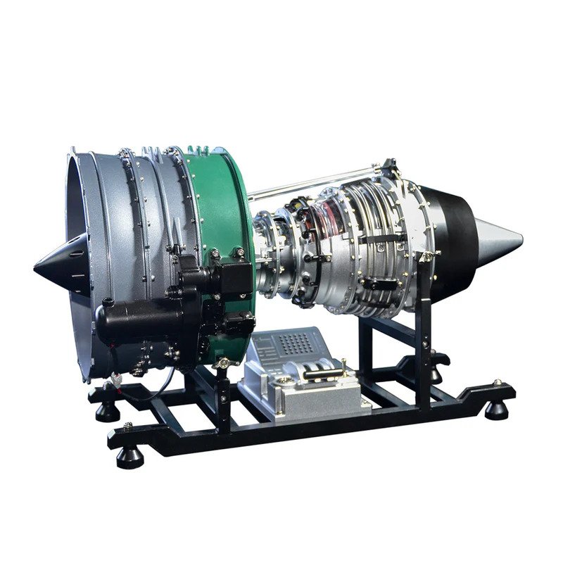 Fully assembled turbofan engine model kit showing complete metal build with all components fitted together in a realistic jet engine structure