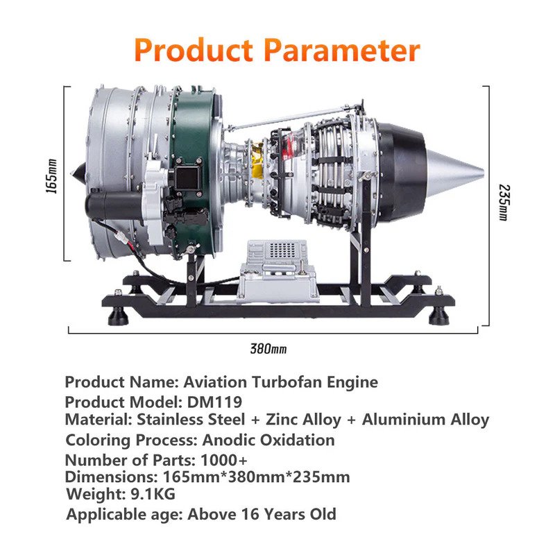 Product parameters and specifications chart for turbofan engine model kit showing dimensions, materials, scale, and technical details