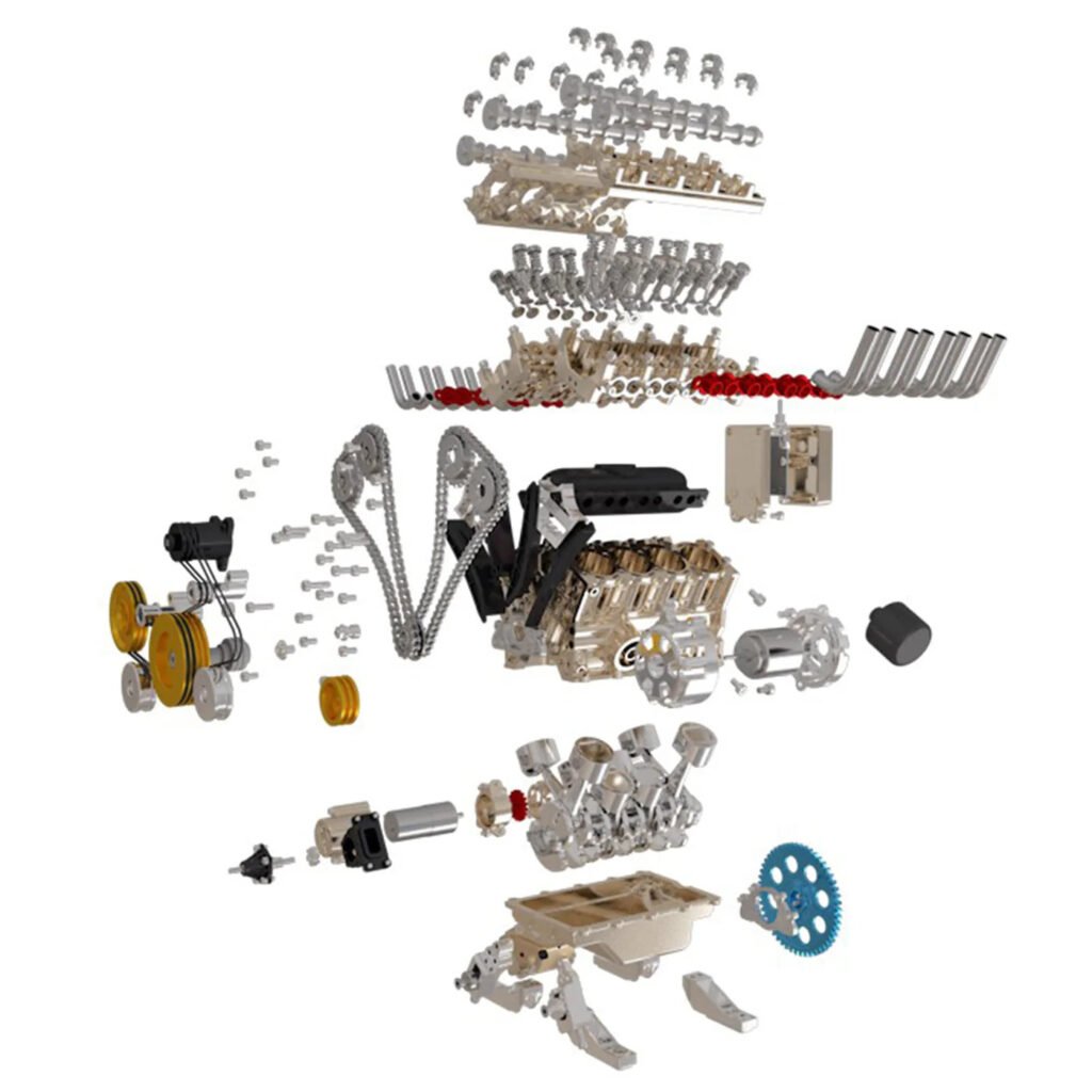 V8 engine model showing all mechanical and electrical parts laid out for assembly