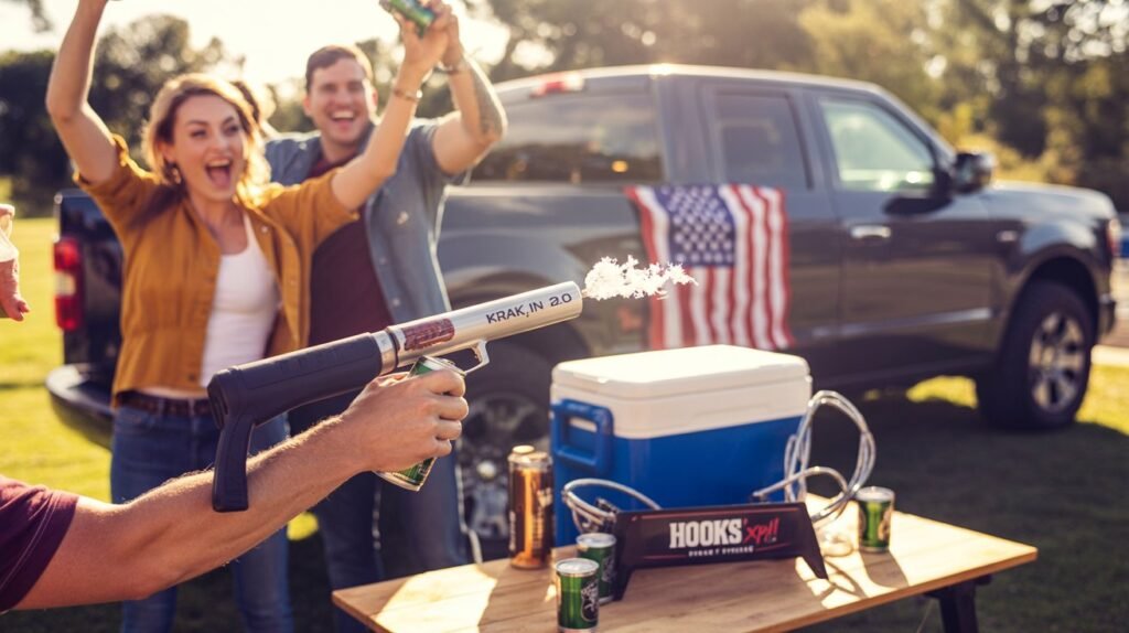 A group of friends using the Krak’in 2.0 shotgun tool at a sunny American tailgate party — Wild Man Drinking Company Review.