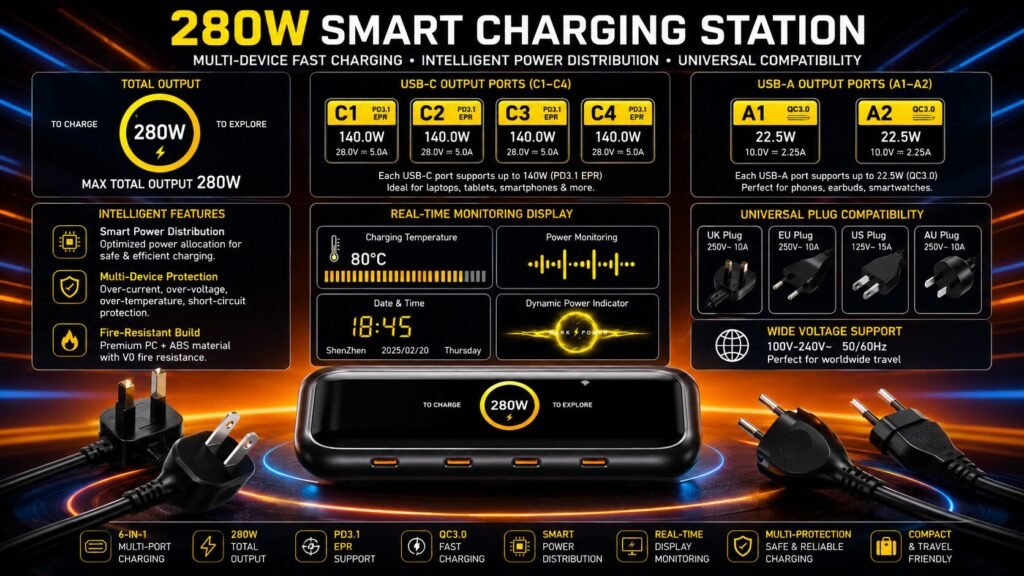 280W smart charging station with digital display, multiple USB-C fast charging ports, and universal power plugs on a futuristic glowing background.