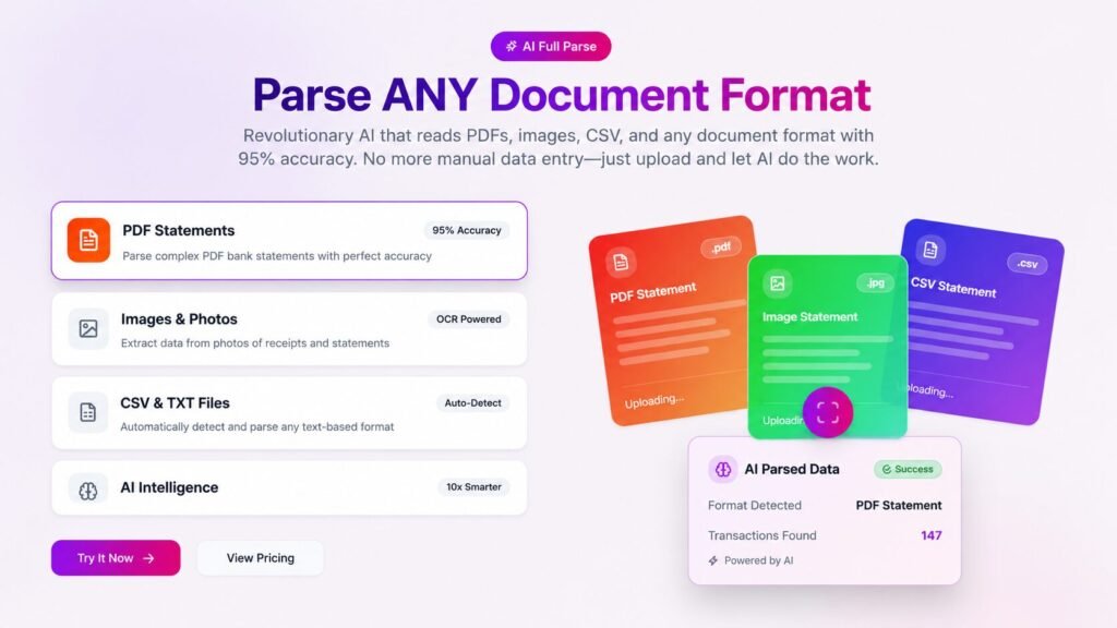 AI Full Parse document analysis dashboard showing PDF statement parsing, OCR image extraction, CSV file detection, and AI-powered document processing interface in ultra HD 12K resolution.