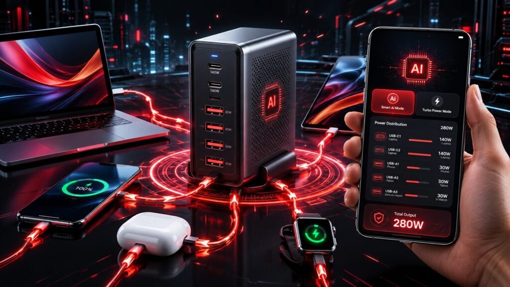 Futuristic 280W multi-port desktop charging station with glowing red energy lines powering laptops, smartphones, earbuds, and tablets alongside a smart charging app interface on a handheld phone.