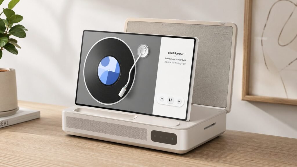 Apolosign PackGo 27-inch portable briefcase TV with modern vinyl music interface displayed on screen in a minimalist desktop setup.