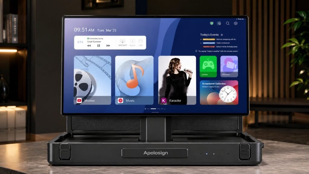 Apolosign PackGo 27-inch portable smart TV with touchscreen display, karaoke system, and built-in speakers in a modern indoor setup