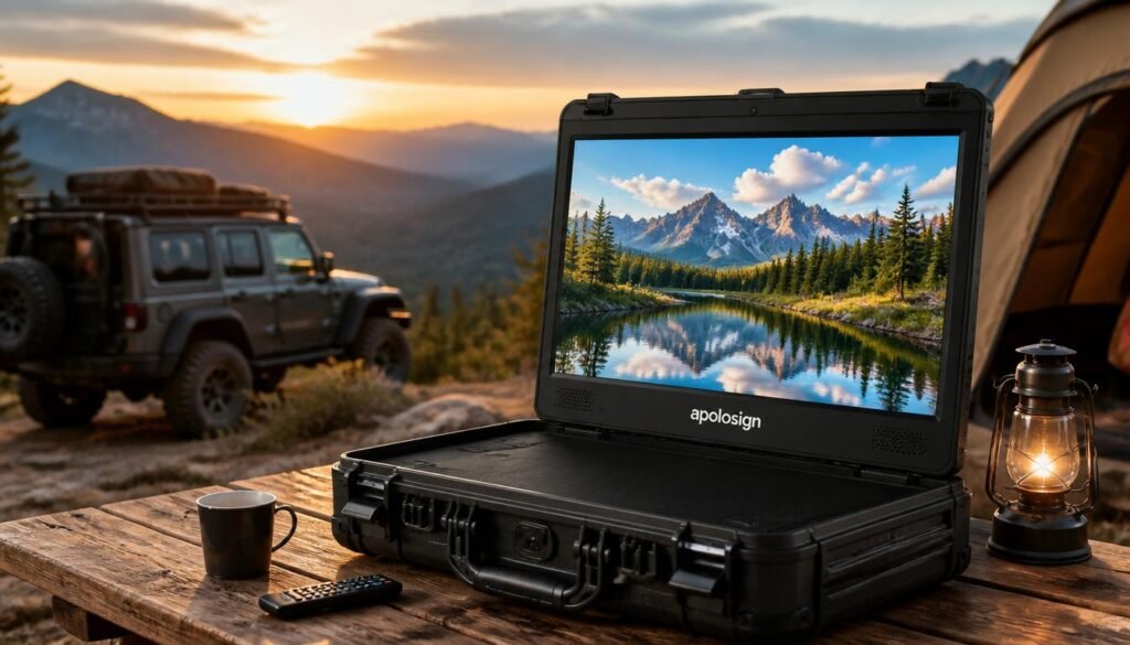 Apolosign PackGo 27-inch briefcase portable TV displaying a bright screen on a wooden picnic table at an outdoor campsite.