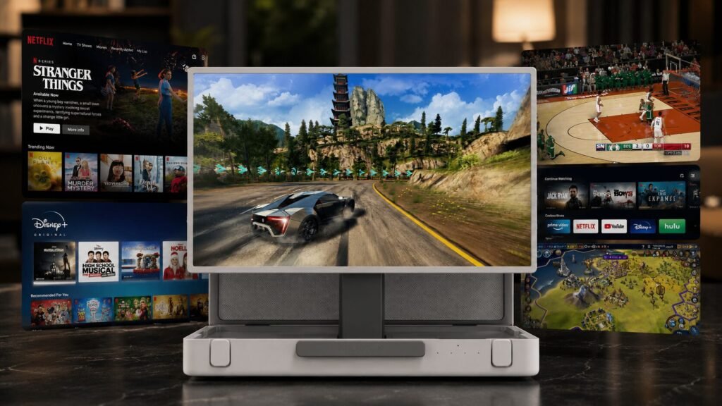 Apolosign PackGo portable smart TV displaying streaming apps, gaming content, and entertainment features with Google Play Store access on a high-resolution screen.