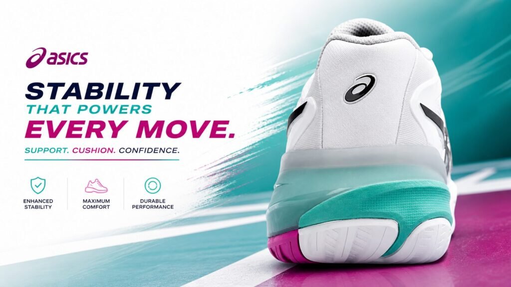 ASICS tennis shoe heel view showing cushioned support and stability design in white with teal and pink accents