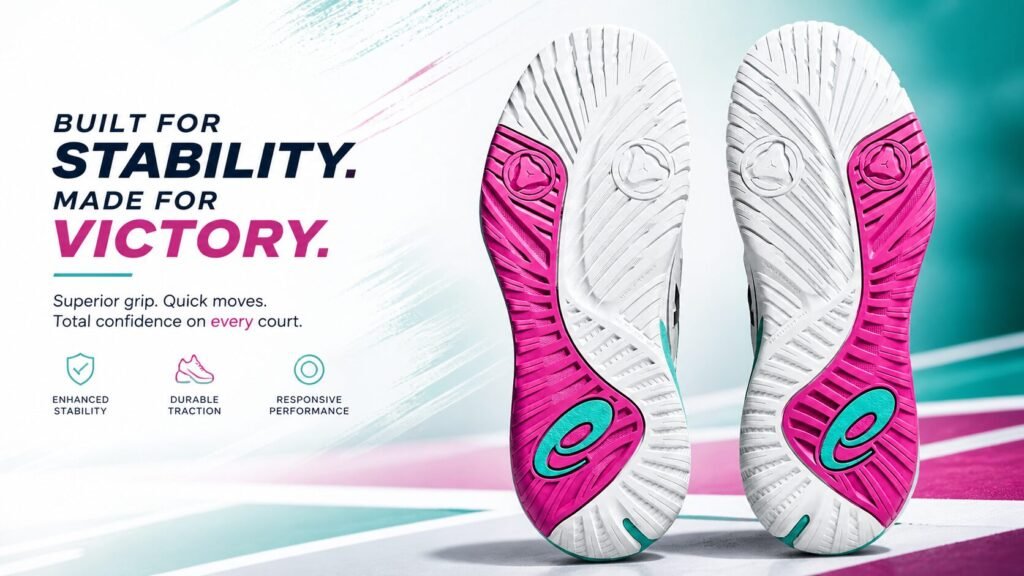 ASICS tennis shoe outsole with high-grip traction pattern in white, pink and teal designed for stability and court performance