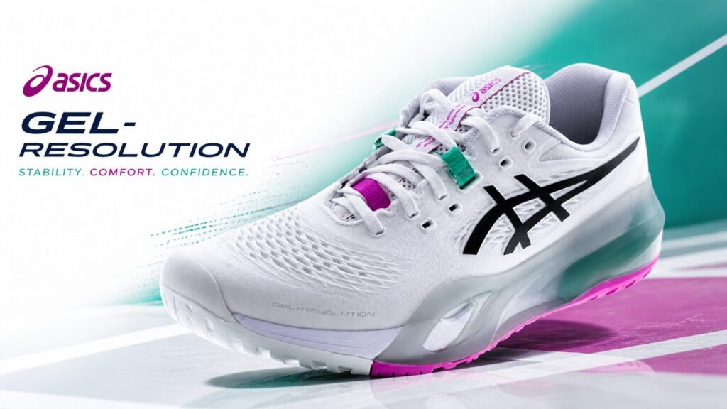 ASICS Gel Resolution tennis shoe in white with teal and pink accents on a modern sporty background