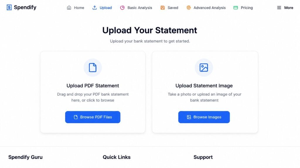 Modern bank statement upload dashboard interface with PDF and image upload options for AI-powered financial analysis.
