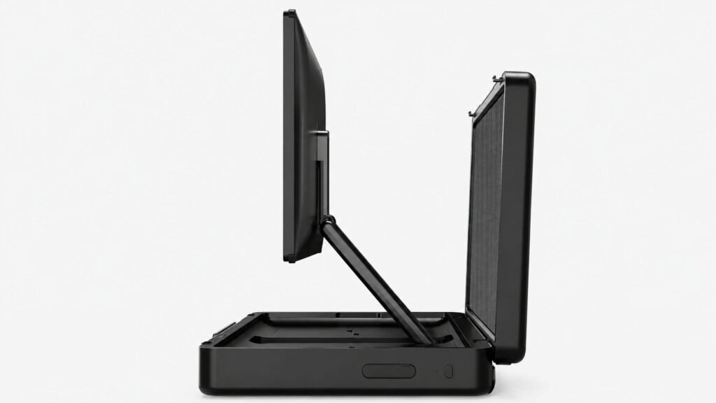Portable briefcase-style monitor with durable metal frame and reinforced structural design