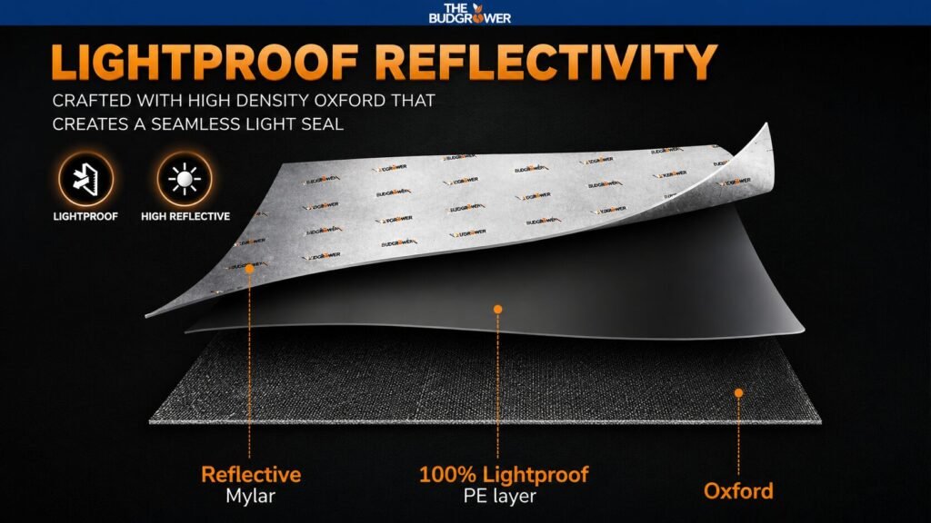 BudGrower grow tent layered material showing reflective Mylar, 100% lightproof PE layer, and Oxford fabric for high light efficiency and zero light leaks