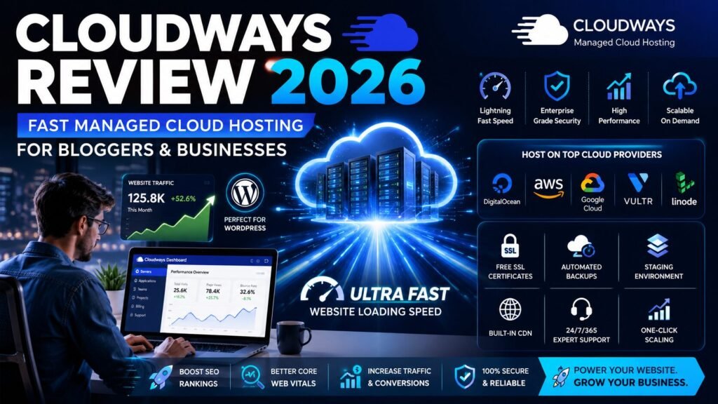 Cloudways Review 2026 featured image showing managed cloud hosting dashboard, WordPress optimization, SEO growth analytics, and fast website hosting for bloggers and businesses