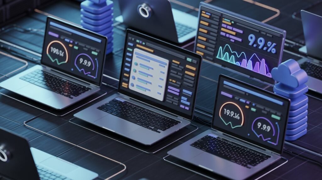Futuristic Cloudways hosting dashboard with WordPress hosting analytics, SEO optimization tools, website speed metrics, and cloud server infrastructure.