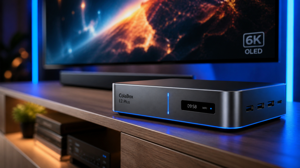 Sleek metallic ColaBox L2 Plus streaming media player in a modern home theater setup with a glowing 6K television in the background.