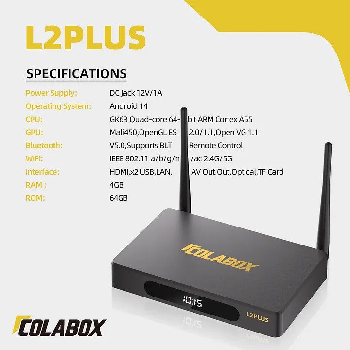 COLABOX L2 Plus streaming media player specifications image showing key features, hardware details, and system capabilities
