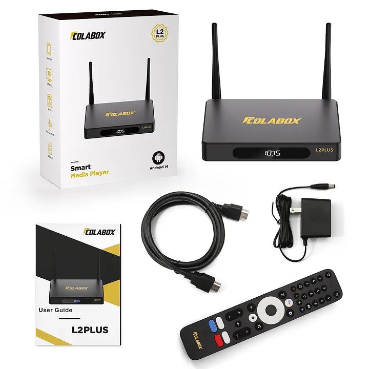 COLABOX L2 Plus New Generation Streaming Media Player unboxing showing all included accessories and components neatly arranged inside the box