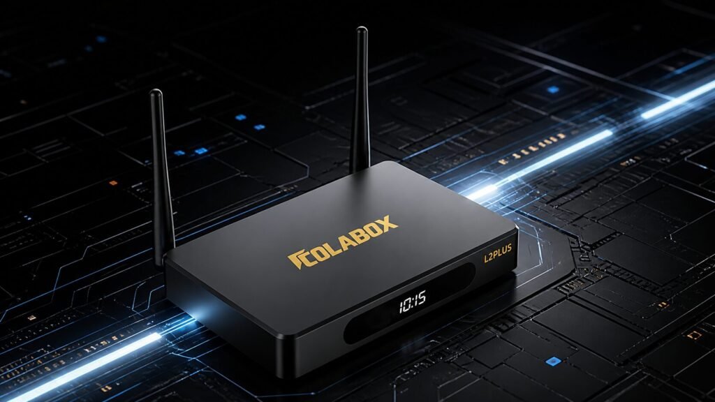 Colabox L2 Plus Android TV box with dual antennas on a futuristic circuit board background, designed for fast 4K streaming and smart home entertainment