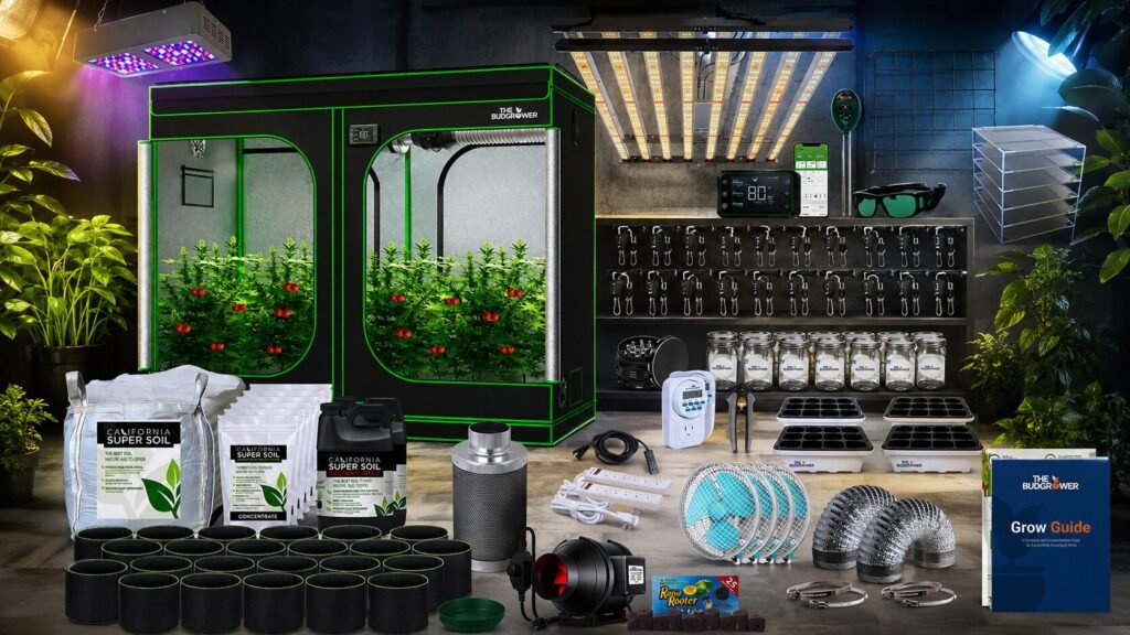 Complete indoor grow tent kit featuring a large grow tent, full-spectrum LED grow lights, ventilation system, carbon filter, fabric pots, soil, seedling trays, drying rack, plant monitoring equipment, fans, and hydroponic growing accessories for indoor gardening.