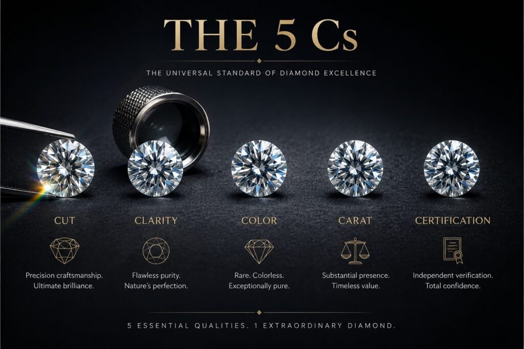 Luxury diamond education concept showing sparkling certified diamonds with visual references for carat, cut, color, clarity, and grading certification.