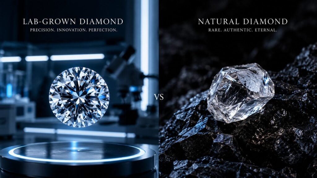 Luxury diamond market analysis concept showing lab-grown and natural diamonds with price trend visuals, representing 2026 jewelry market changes and buyer opportunities.