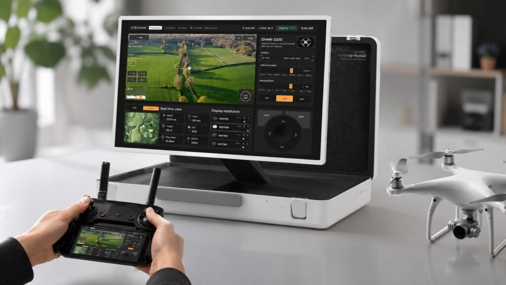 Portable drone monitor displaying real-time aerial footage with drone controller and quadcopter for seamless outdoor flying experience.