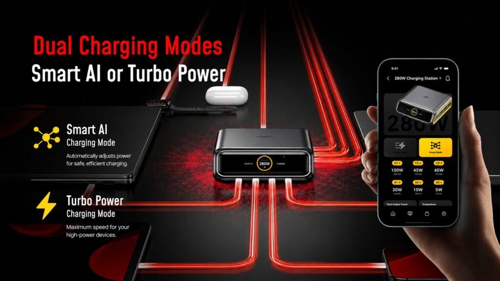 280W desktop charging station with Smart AI and Turbo Power charging modes displayed in a futuristic red neon setup with connected laptops and smartphone app interface.