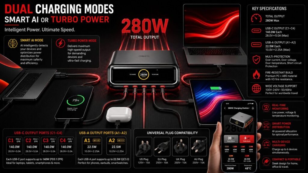 280W smart AI charging station with dual charging modes, smartphone app control, and multiple device fast charging setup.