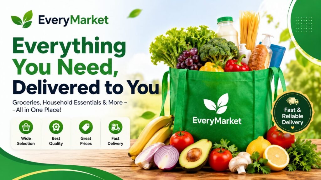 Fresh groceries and household essentials in a green shopping bag with clean modern design representing fast and reliable delivery service
