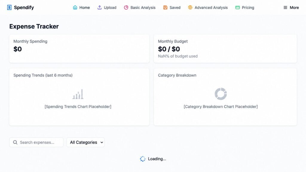 Modern expense tracker dashboard showing monthly spending, budget overview, spending trends, and category breakdown analytics.