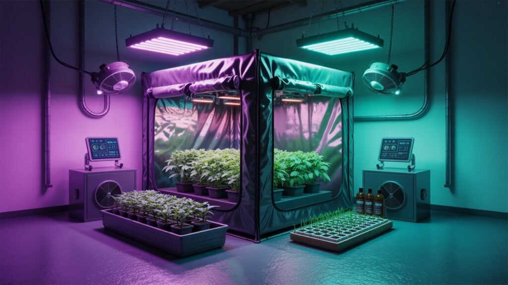 Futuristic hydroponic grow tent with LED grow lights, smart climate control system, ventilation equipment, and healthy indoor plants in a professional studio environment.