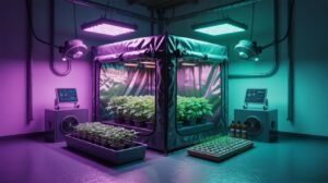 Futuristic hydroponic grow tent with LED grow lights, smart climate control system, ventilation equipment, and healthy indoor plants in a professional studio environment.