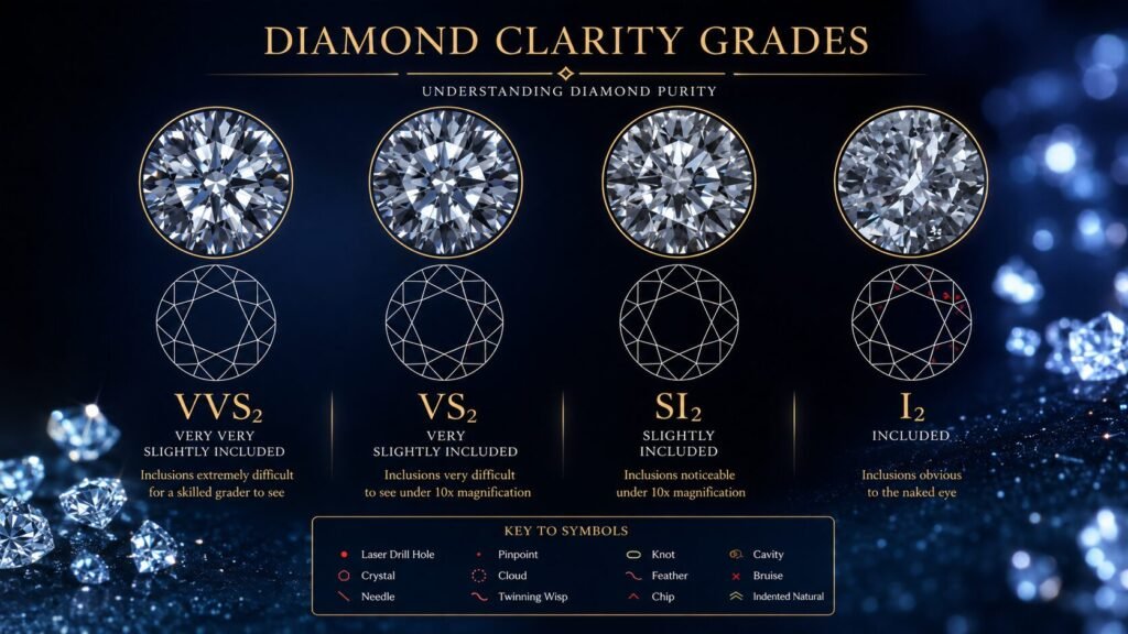 High-resolution GIA diamond clarity mapping diagrams comparing VVS2, VS2, SI2, and I2 diamond grades with inclusion plots, clarity characteristics, and gemstone quality differences on a premium luxury background.