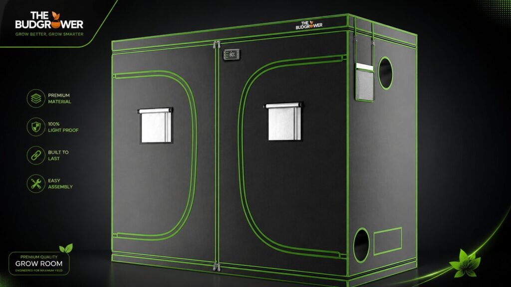 Indoor grow room kit setup with lighting, ventilation, and hydroponic system for 12 to 24 plants