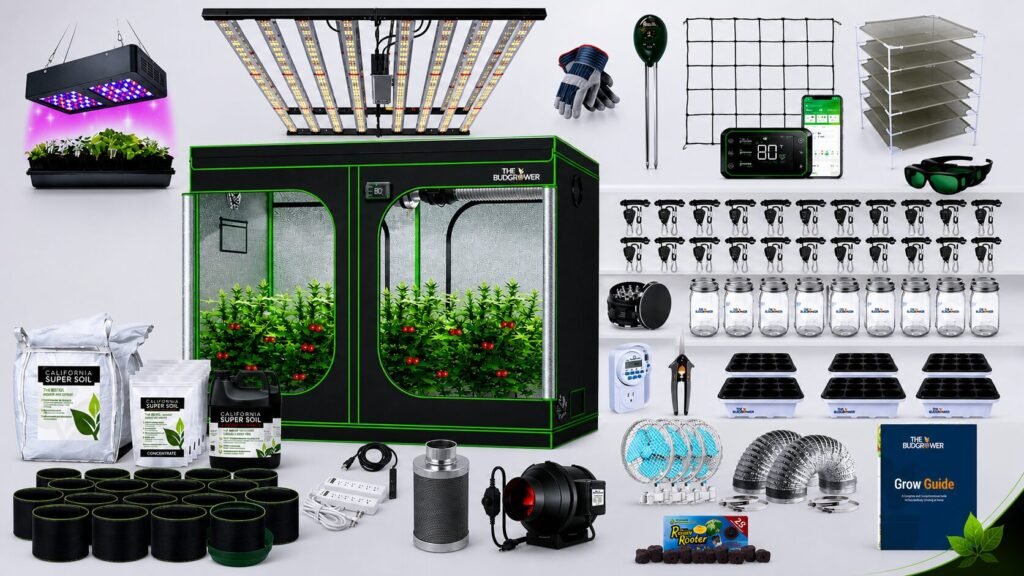Complete indoor grow room kit with LED lights, grow tent, ventilation system, and accessories designed for commercial cultivation of 12 to 24 plants