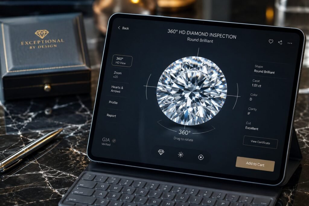 Luxury diamond ring viewed on an online jewelry store with certification documents, 360-degree diamond imaging, and secure buying verification process.
