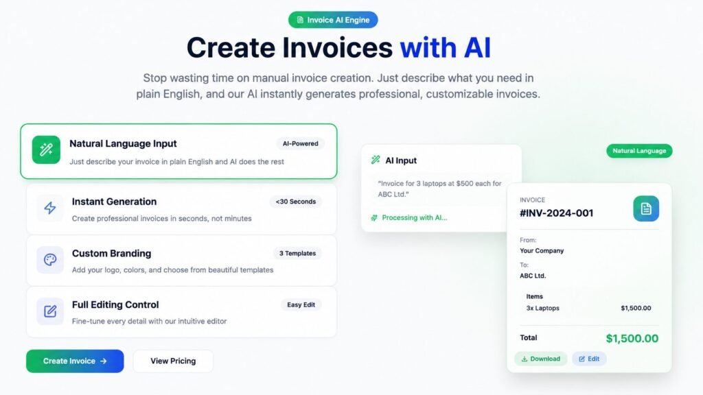 Invoice AI Engine dashboard showing AI-powered invoice generation, natural language input, custom branding, and automated invoice creation in ultra HD 8K resolution.