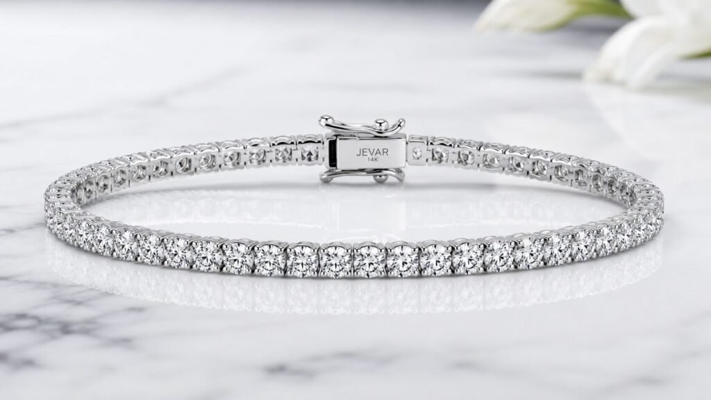 Luxury 14K gold diamond tennis bracelet with lotus petal settings and brilliant lab-grown Type IIa diamonds, designed for elegant modern glamour.