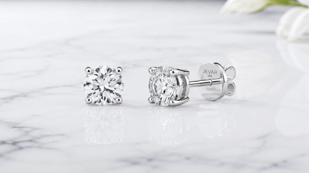 Luxury 18K gold diamond stud earrings with Type IIa lab-grown diamonds and secure Guardian Back locking mechanism for elegant daily wear.