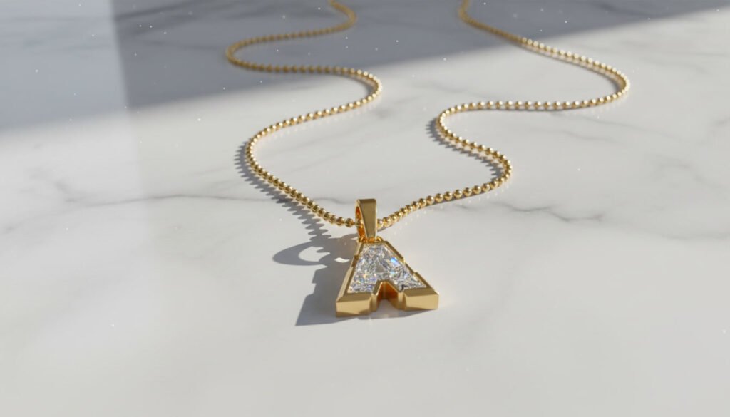 Luxury 18K gold alphabet initial pendant with a large solitaire lab-grown diamond, showcasing elegant modern fashion jewelry styling and editorial layering aesthetics.