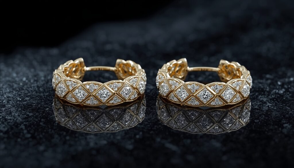Luxury diamond jewelry collection inspired by lotus petals, featuring hoop earrings and tennis bracelet with lab-grown diamonds in elegant floral geometric settings.