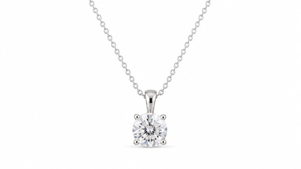 Luxury minimalist diamond necklaces featuring a solitaire Type IIa diamond pendant and 14K gold by-the-yard lab-grown diamond chain for elegant everyday wear.
