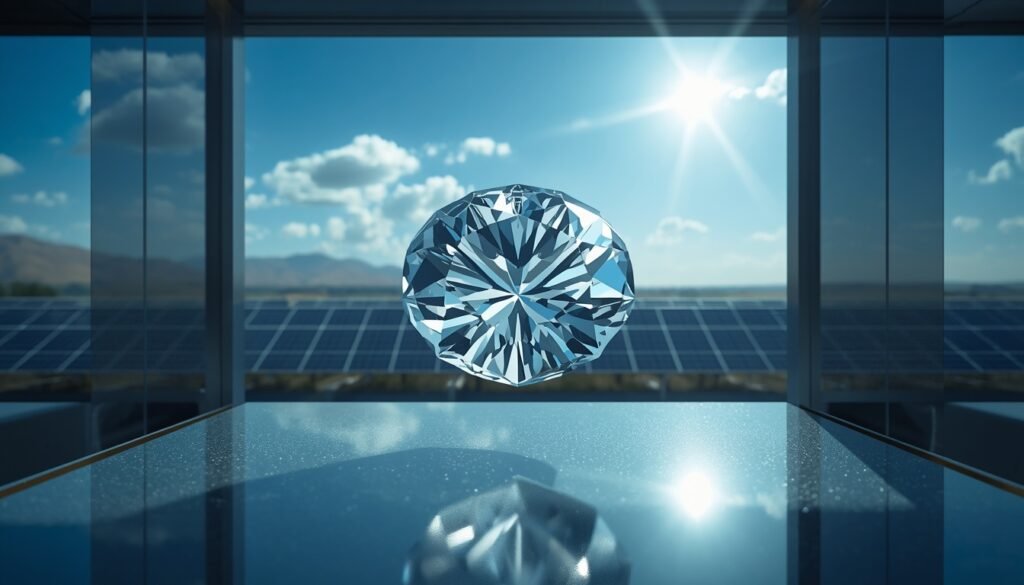 Modern solar-powered diamond production facility by J’EVAR featuring renewable energy infrastructure, eco-friendly lab-grown diamonds, and carbon-neutral sustainability operations.
