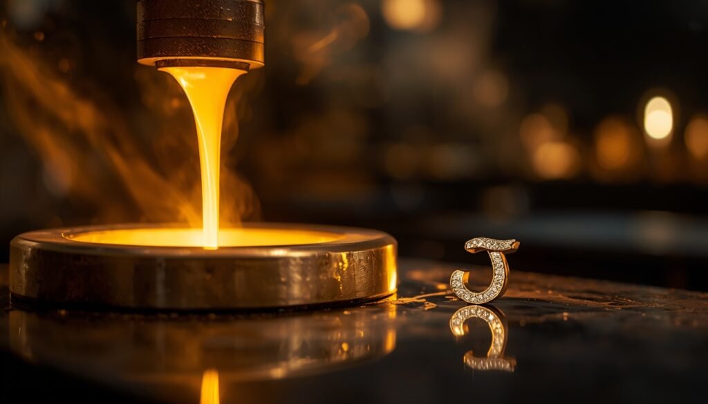 Sustainable luxury jewelry made from recycled gold and silver, showcasing eco-friendly refinement process and high-end craftsmanship by J’EVAR.