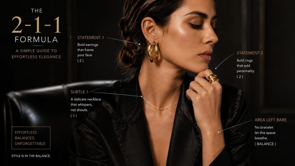 Fashion styling guide showing jewelry balance concept with statement earrings, rings, delicate necklace, and empty wrist space for the 2-1-1 rule.