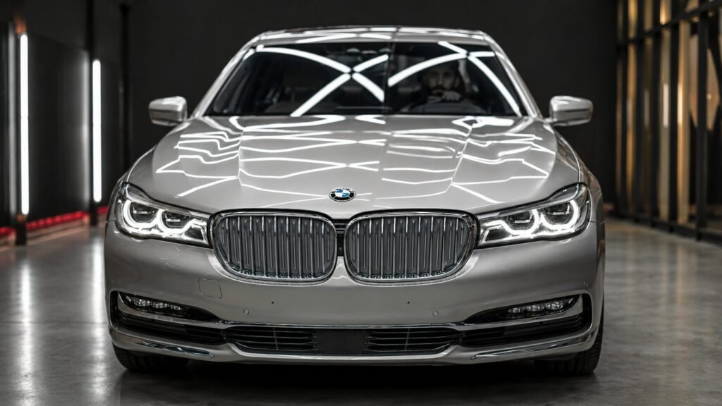 Luxury BMW-style rental car in a premium indoor showroom for VIP Cars review article