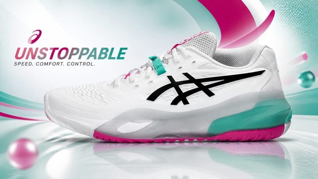 Menâs GEL-Resolution X tennis shoes in white and aurora green with dynamic sporty background and bold unstoppable text